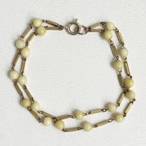 Vintage Yellow Beaded Double Strand Gold Tone Link Bracelet